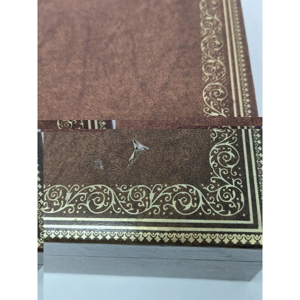 VINTAGE MELE TWO TIER BROWN FAUX LEATHER JEWELERY BOX GOLD FILIGREE CREAM VELVET